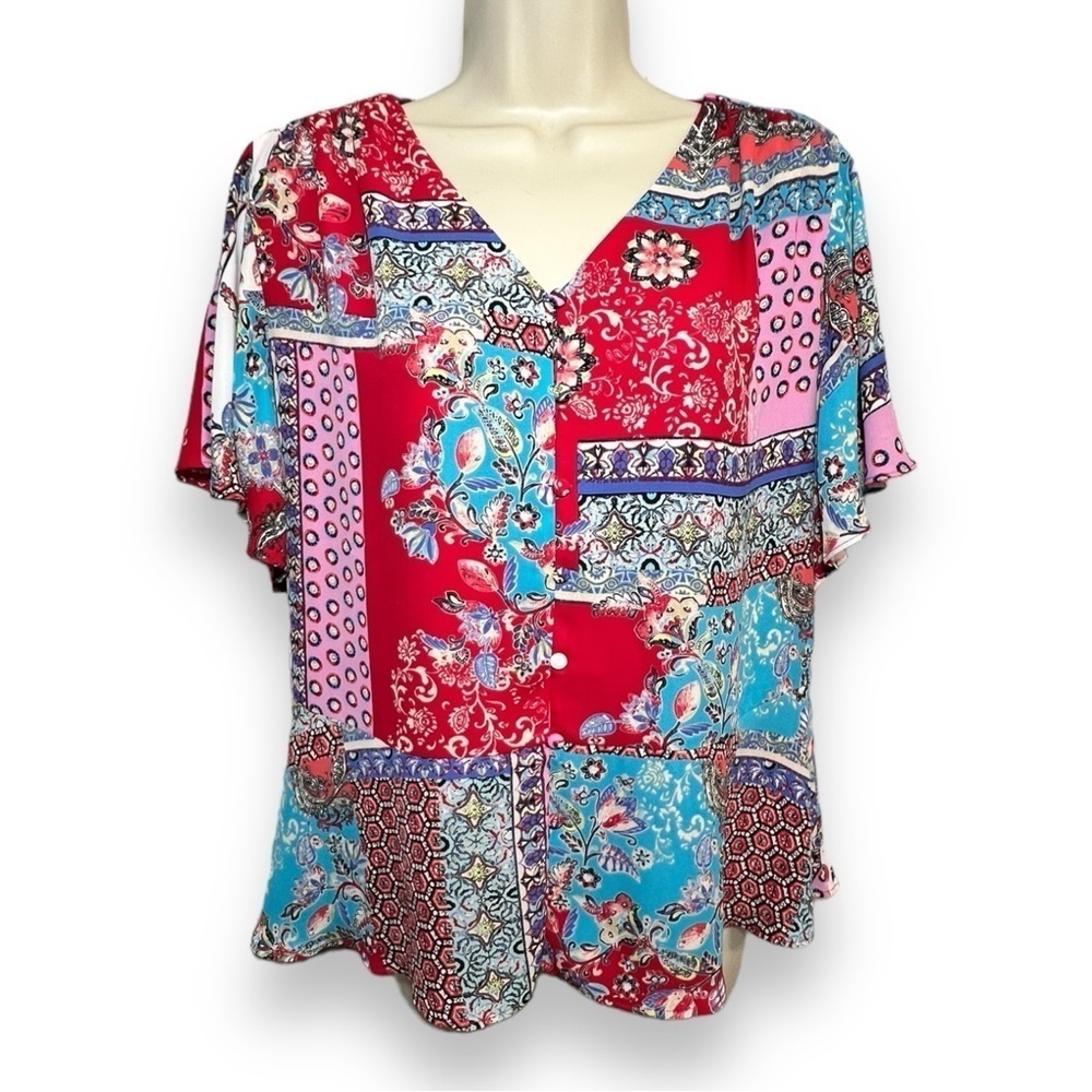Chico’s Women’s Patchwork Peplum Flutter-Sleeve Top Red Blue Size 0 (4/6)
